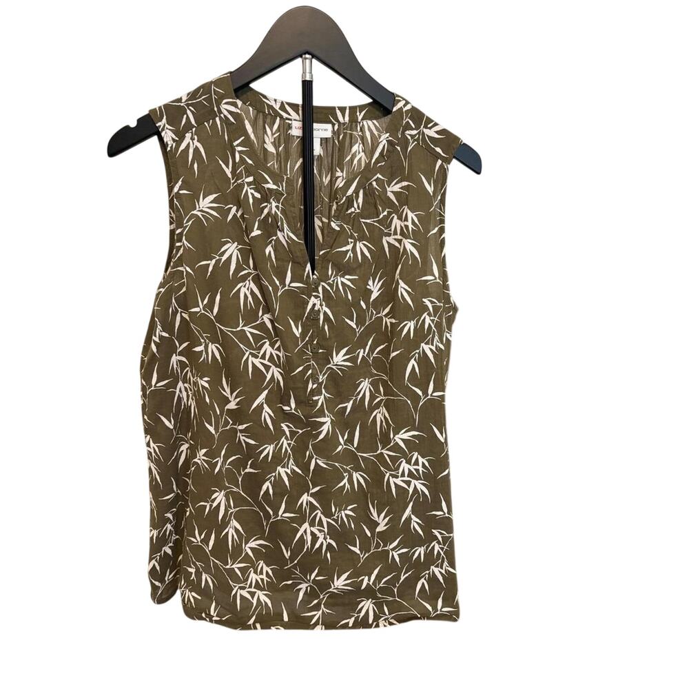 Liz Claiborne Sleeveless Coastal Bamboo Leaf Print V Neck Top Olive Green Size M